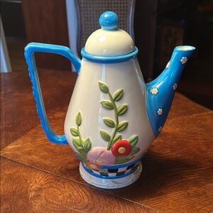 Mary Engelbreit Floral Ceramic Teapot with Blue Accents